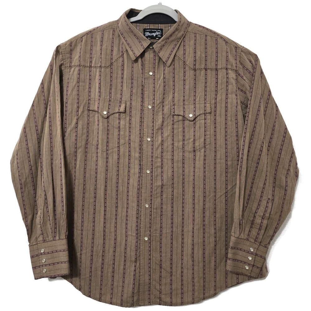 Wrangler Shirt Mens 2XL Brown Stripe Long Sleeve Snap Front Western Casual